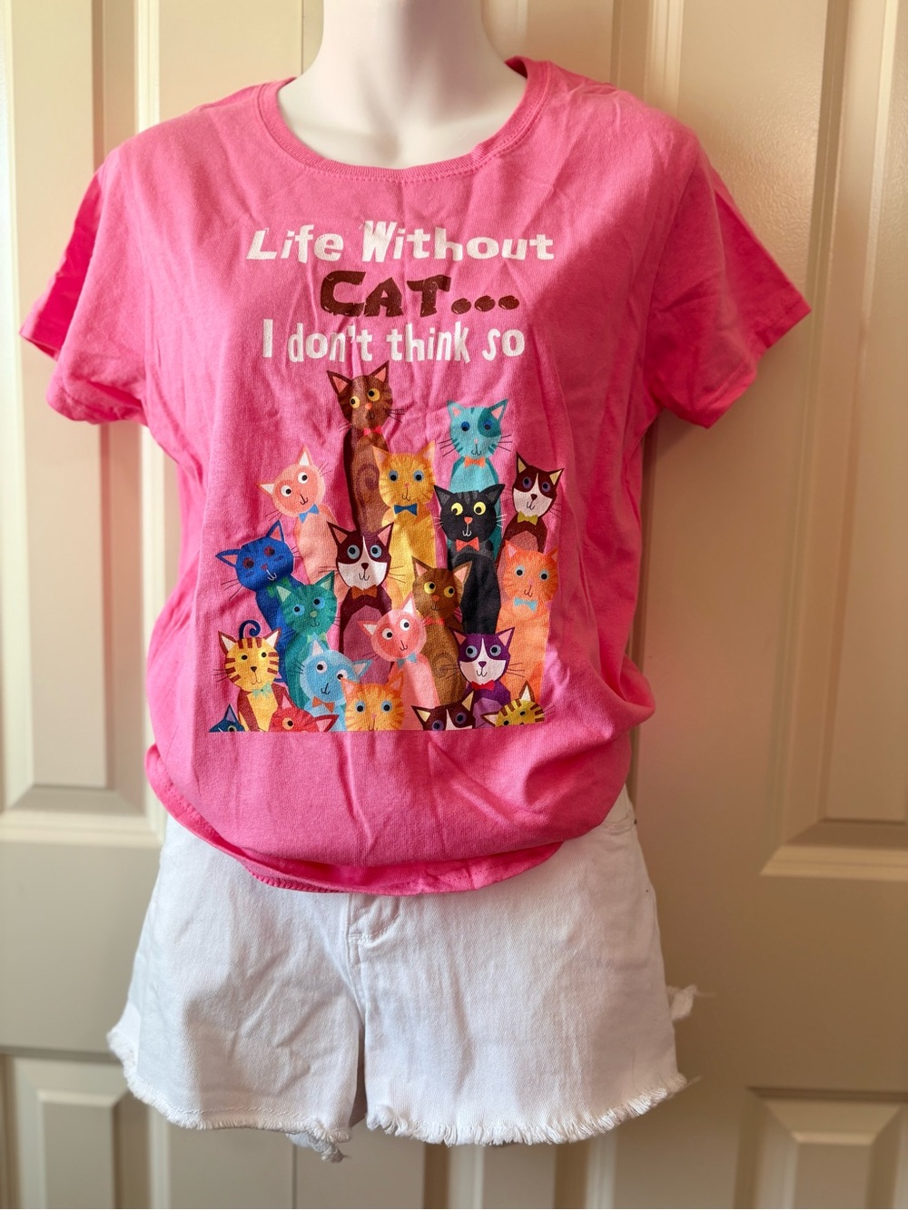 Cat Lovers Pink Ladies Heavy Cotton T-Shirt, size M